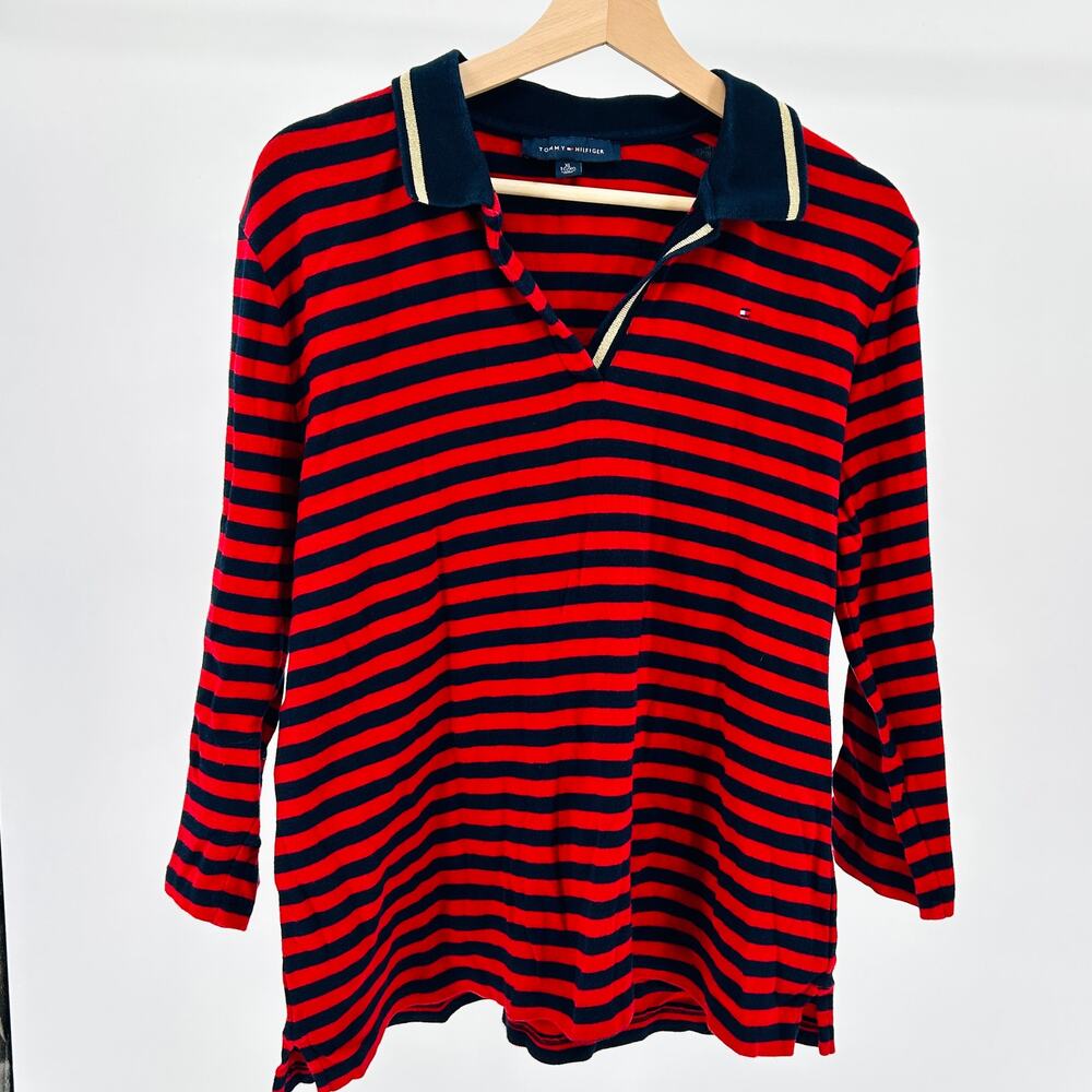 Y2K Tommy Hilfiger Red Navy Striped Cotton Collegiate Rugby Top